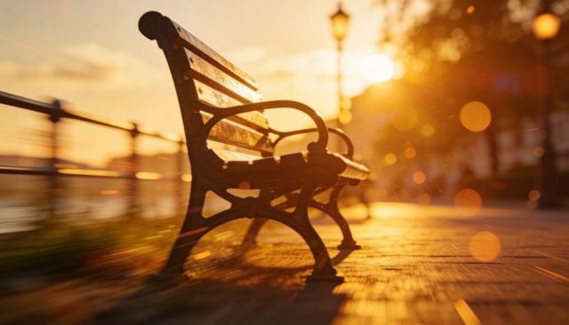 Sunlit riverside bench during golden hour with warm bokeh and ornate ironwork detail