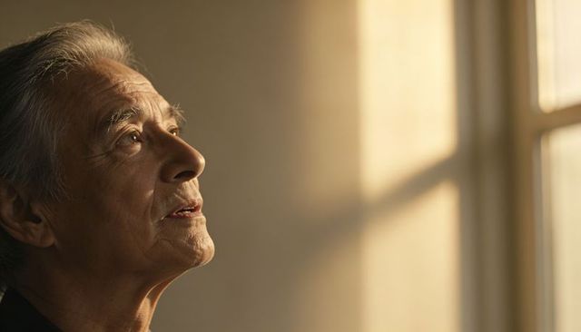 Senior man gazing at sunlit window, contemplative portrait warm golden light and shadows
