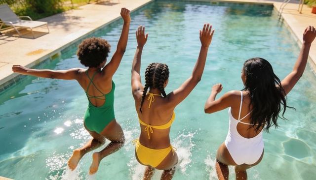 Three friends jumping into sunlit backyard pool splashing in colorful swimsuits