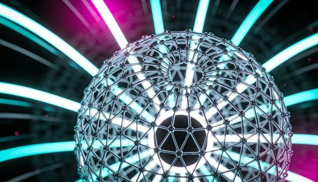 Rotating geodesic metal sphere revealing circular aperture with neon rings tech lattice
