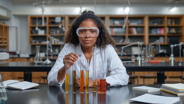 Female student mixing colored solutions in chemistry lab wearing goggles and lab coat