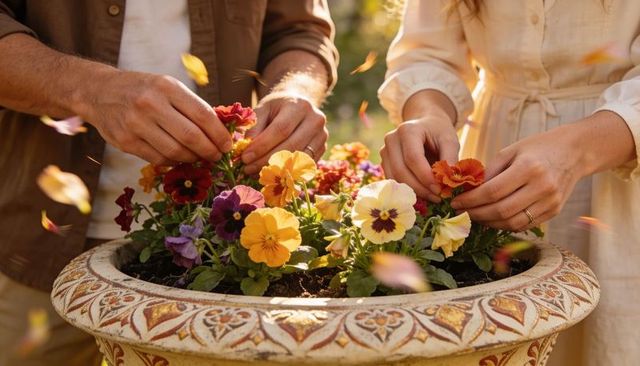 Couple planting colorful pansies in ornate ceramic planter during golden hour