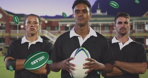 Diverse Rugby Players Holding Ball in Stadium with Ireland Motif
