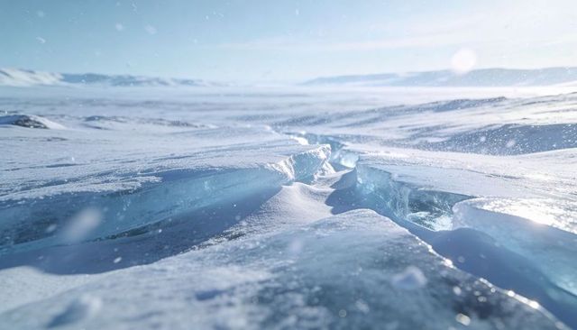 Revealing deep blue crevasse cutting across polar ice plain with crystalline ice walls