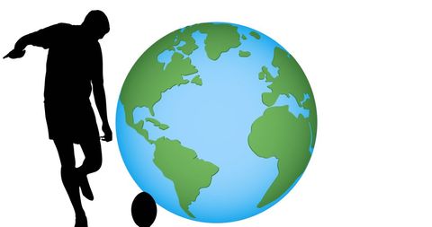 Rugby Player Silhouette Kicking Ball in Front of Globe
