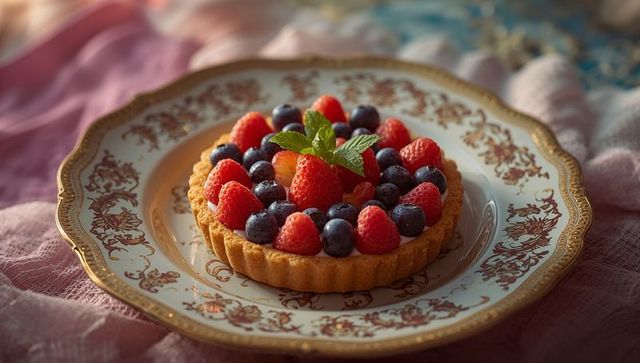 Elegant Fruit Tart Dessert with Berries and Mint Garnish