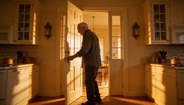 Senior man opening kitchen door into sunlit dining room during golden hour