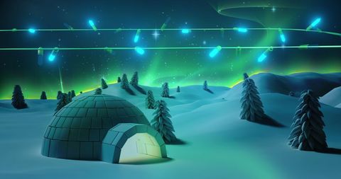 Vibrant Holiday Winter Wonderland with Igloo and Northern Lights