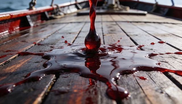 Deep red droplet creating star-shaped splash on sunlit wooden boat bow deck planks