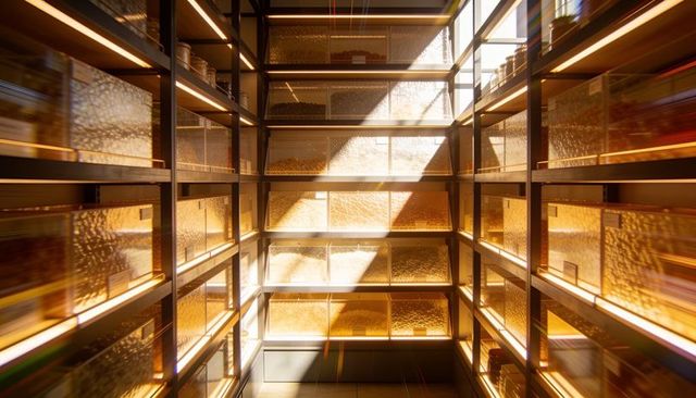 Sunlit gold vault corridor with glass-front shelving and symmetrical stacked bars