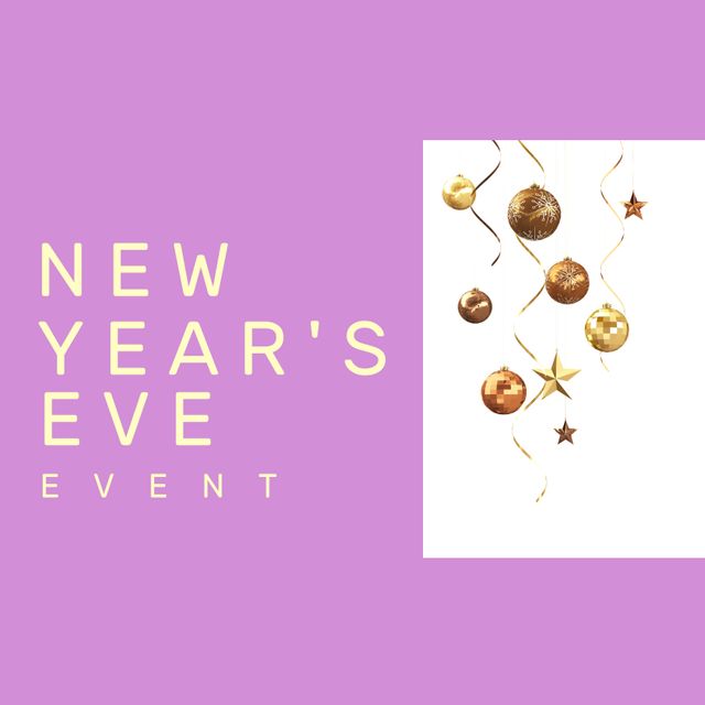 Perfect visual for promoting New Year's Eve events, parties, or celebrations. This image uses a stylish combination of gold baubles and a purple background for a festive and elegant appearance. Ideal for creating event invitations, social media announcements, and festive season graphics.