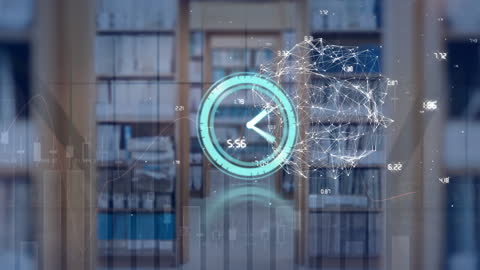 Digital Clock and Network Data Overlay in Office Background