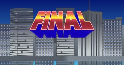 retro video game graphic with cityscape and final text - Download Free Stock Images Pikwizard.com