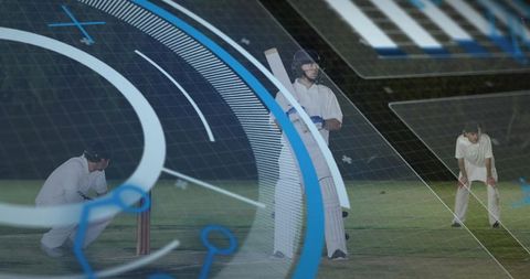 Batsman standing on cricket pitch wearing helmet and pads holding bat with digital hud overlay