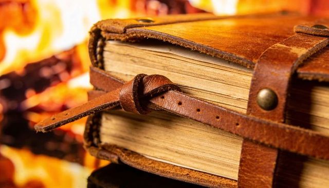 Worn leather journal resting on reflective surface before warm fire with knotted strap