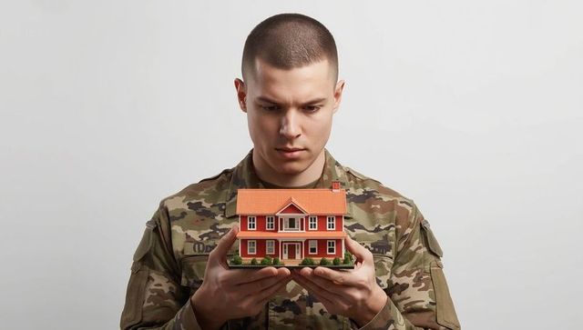 Soldier holding red model house symbolizing stability