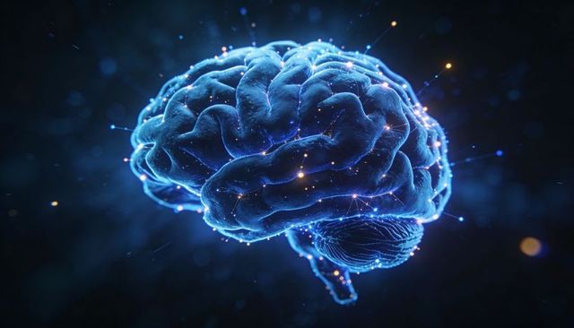 Glowing neural network brain pulsing with electric synapses and digital data connections