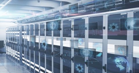 Futuristic Data Processing in Server Room with Digital Interface Overlays - Download Free Stock Images Pikwizard.com