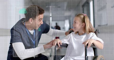 Nurse Assisting Child in Hospital Corridor with Disabilities