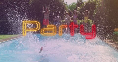 Joyful Summer Pool Party with Friends Jumping into Water