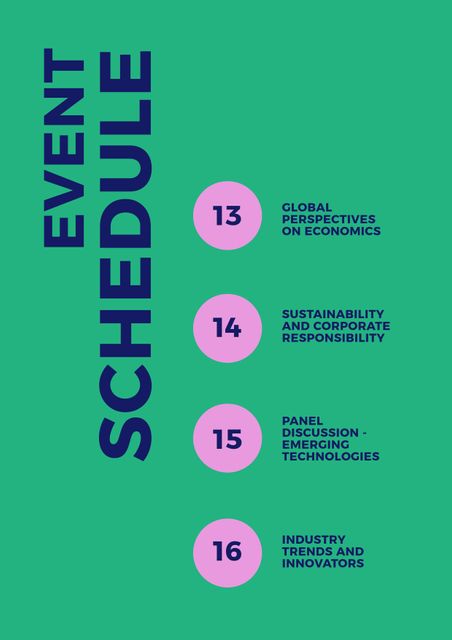 Modern and sleek event schedule with a green background. Each event day is listed with respective topics, including global perspectives on economics, sustainability and corporate responsibility, emerging technologies, and industry trends. Ideal for business events, corporate meetings, and professional conferences to present a clear and professional agenda.