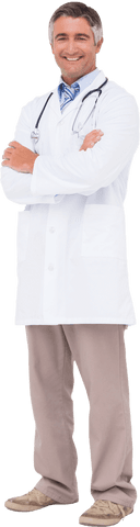 Transparent happy doctor with stethoscope smiling in white coat