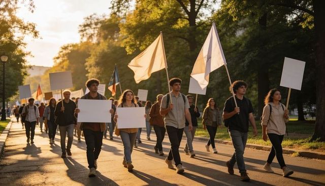 Young activists marching at golden hour holding blank placards and flags for protest