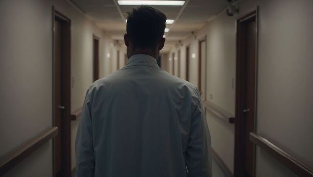 Physician walking down dim hospital corridor under overhead lights