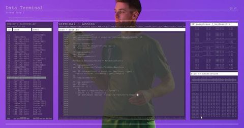 Tech professional with code and terminal interface