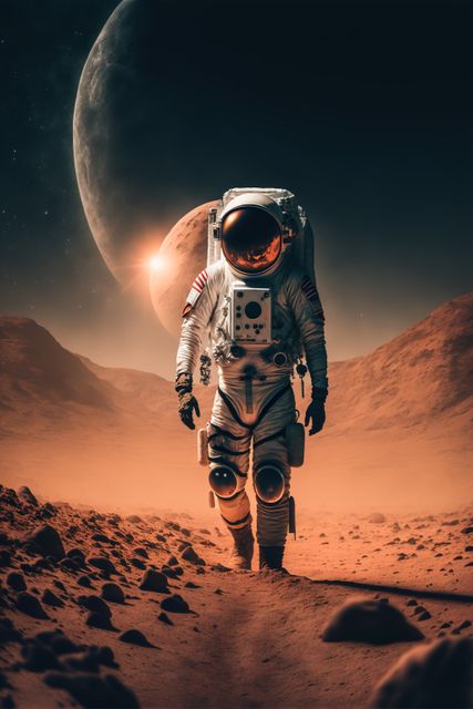 Astronaut walking on surface of an alien planet with multiple moons glowing in the background. Useful for science fiction blogs, educational content about space, presentations on futuristic technologies, and promotional materials for sci-fi media.