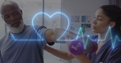 Healthcare professional aiding senior's rehabilitation exercise