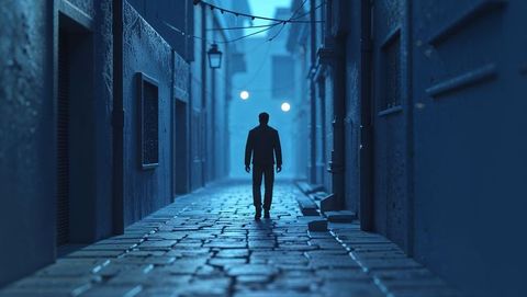 Mysterious silhouette walking in moody cobblestone alley at night