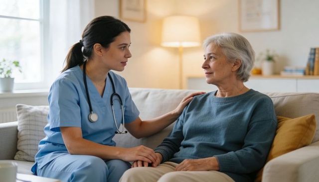 Comforting nurse visiting elderly woman at home holding hand on sofa with stethoscope