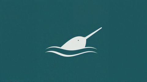 Minimalist white narwhal icon emerging above waves on teal