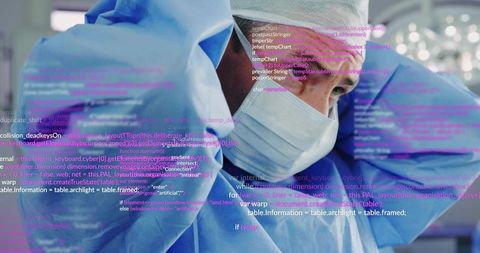 Surgeon tightening surgical cap with code overlay symbolizing healthcare tech precision