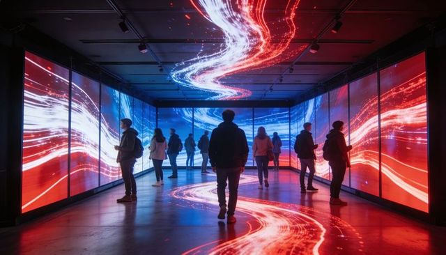Walking through immersive LED tunnel featuring flowing red and blue light trails
