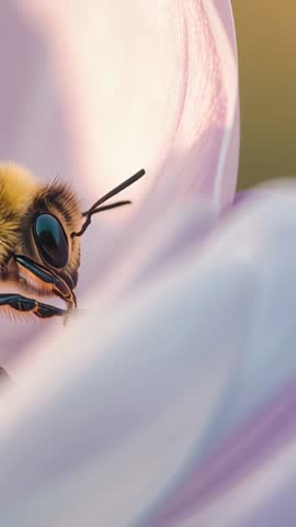 Honey Bee Landing on Pink Petal Vertical Macro Video Showing Nectar Foraging Pollination