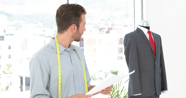 The image showcases a male tailor holding plans in a modern fashion studio. He is dressed in a shirt with a measuring tape around his neck while inspecting a mannequin wearing a gray suit and red tie. This image is perfect for articles or websites related to fashion design, bespoke tailoring, professional clothing design, and costume planning.
