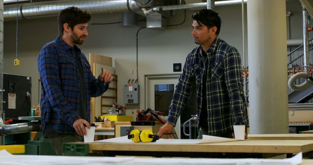 Two Men Having a Discussion in a Workshop - Download Free Stock Images Pikwizard.com