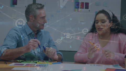 Diverse Colleagues Collaborating in Modern Office with Network Overlay