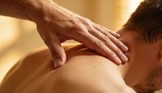Therapist hand massaging male neck and shoulder with warm oil sheen, golden glow closeup