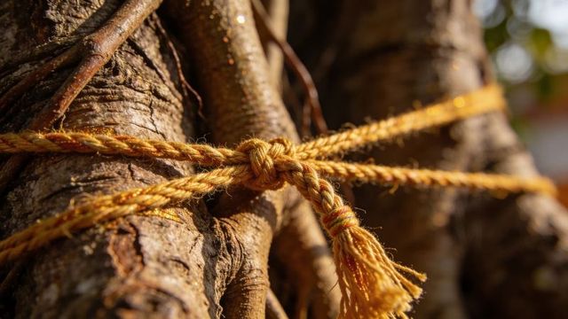 Golden braided rope tying around tree trunk with frayed tassel and textured bark