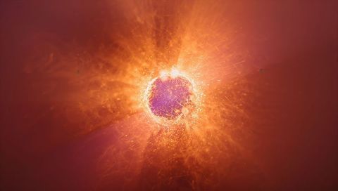 Glowing Purple-Core Orb Radiating Fiery Corona and Spark Filaments on Maroon Background