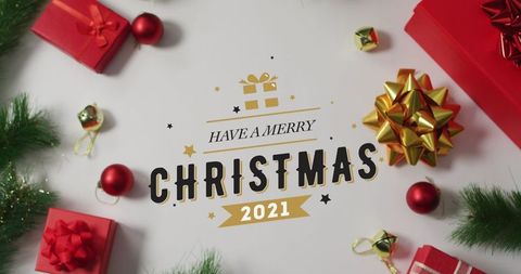 Festive Christmas Greeting with Decorative Gifts and Ornaments