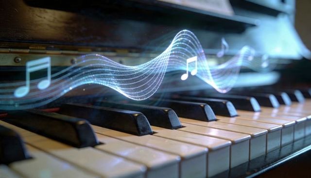 Vintage piano keys with ethereal sound wave and floating music notes, warm melody closeup