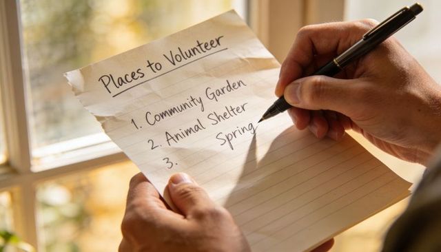 Hands Writing Volunteer List near Sunlit Window, Planning Community Garden and Shelter