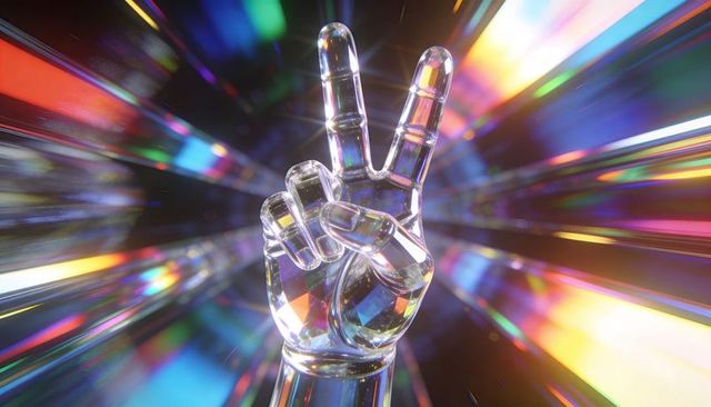 Crystal hand making peace sign refracting rainbow light with prismatic rays and specular glow