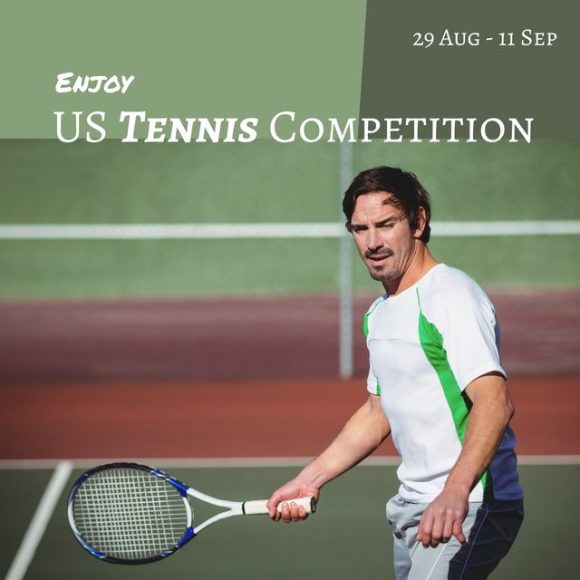 Digital image of mid adult caucasian man playing tennis with enjoy us tennis competition text. Copy space, digital composite, sport, hardcourt tennis tournament, competition and tennis game concept.