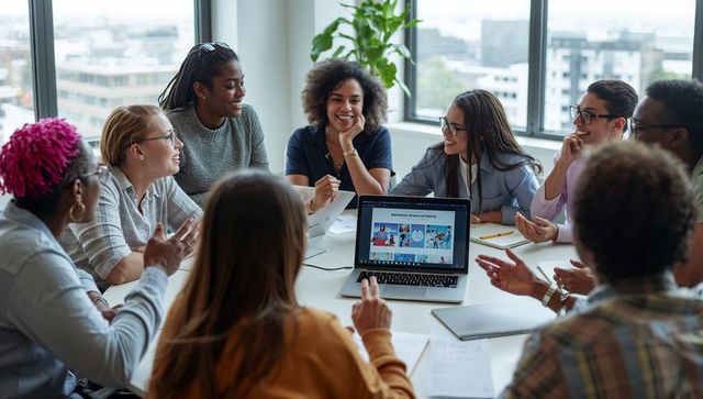 Diverse team collaborating around laptop presenting creative strategy in modern office