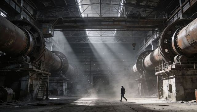 Solitary figure walking through abandoned factory hall with massive kilns and sunlit dust